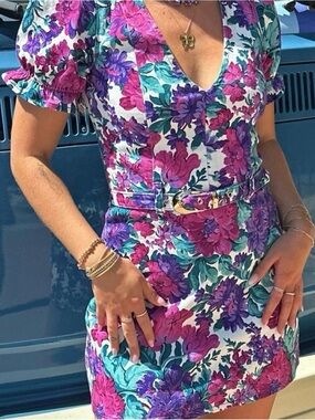 🌸💟🌸 Show Me Your Mumu Zia Mini Dress Stretch Denim Colorful Floral belted XL 🌸💟🌸